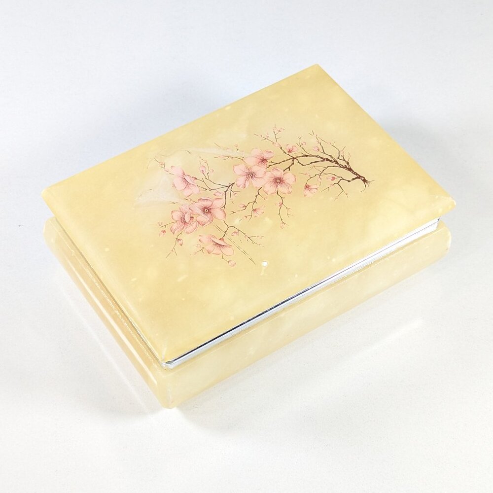 Vintage Italy genuine alabaster trinket box, cherry blossom jewelry storage box